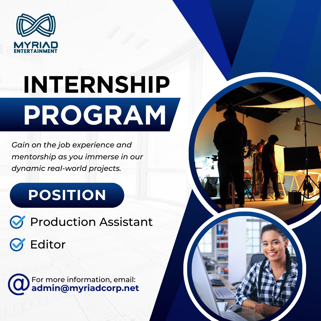 We're currently seeking capable interns to be a part of our team and contribute to the various facets of TV/Film and Event Production.

If you're interested, you may send an email to:
admin@myriadcorp.net

Thank you.
 
#MyriadEntertainment