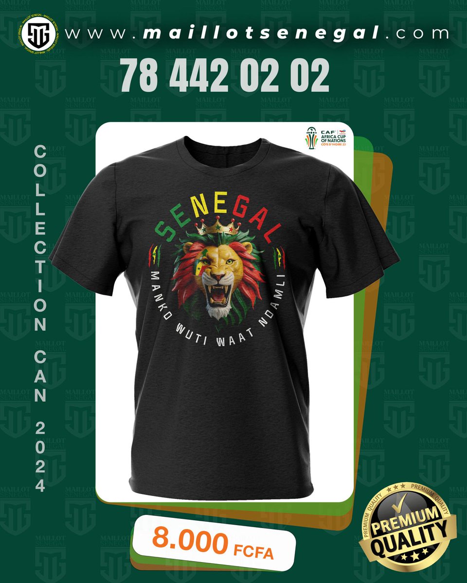 maillotsenegal's tweet photo. Pour accompagner nos lions à défendre leur titre en Côte d'Ivoire, nous vous présentons votre collection de T-shirts et Sweats avec le slogan "manko wuti waat ndamli"...
Contact: 78 442 02 02 
Achat en ligne: https://t.co/31AO9YILZL
#mankowutindamli #sunucan2023 #kebetu #Senegal https://t.co/OBq5mWz0WD