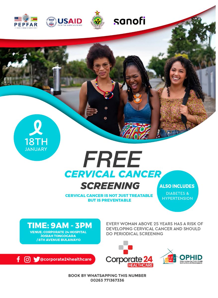 OPHID (@ophid_trust) on Twitter photo We're excited to partner with <a href="/corp24hospital/">Corporate24 Hospital</a> in Bulawayo on the 18th of January. There will be FREE Cervical cancer, Diabetes and Hypertension screening with support from <a href="/PEPFAR/">PEPFAR</a> through <a href="/UsaidZimbabwe/">USAID Zimbabwe</a> and <a href="/sanofi/">Sanofi</a>!
Send a WhatsApp to +263 771 367 336 to book,
⏰9am-3pm We're excited to partner with <a href="/corp24hospital/">Corporate24 Hospital</a> in Bulawayo on the 18th of January. There will be FREE Cervical cancer, Diabetes and Hypertension screening with support from <a href="/PEPFAR/">PEPFAR</a> through <a href="/UsaidZimbabwe/">USAID Zimbabwe</a> and <a href="/sanofi/">Sanofi</a>!
Send a WhatsApp to +263 771 367 336 to book,
⏰9am-3pm