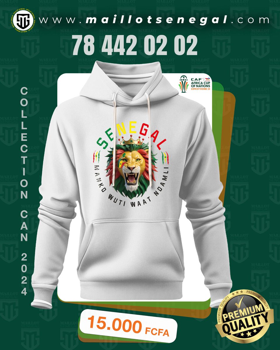 maillotsenegal's tweet photo. Pour accompagner nos lions à défendre leur titre en Côte d'Ivoire, nous vous présentons votre collection de T-shirts et Sweats avec le slogan "manko wuti waat ndamli"...
Contact: 78 442 02 02 
Achat en ligne: https://t.co/31AO9YILZL
#mankowutindamli #sunucan2023 #kebetu #Senegal https://t.co/OBq5mWz0WD