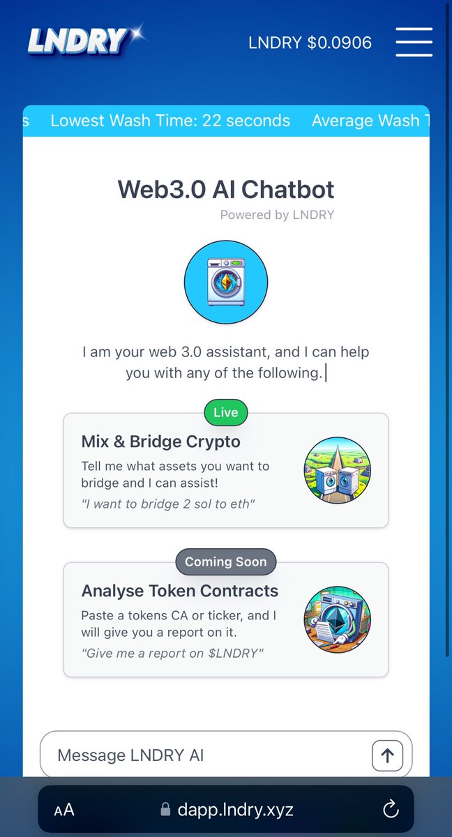 lndryecosystem's tweet photo. V1.5 of our Web3.0 AI chat bot has just dropped on mobile! 📱

Check it out here: https://t.co/1PSYhLDYtS https://t.co/ErTlMbg5X6