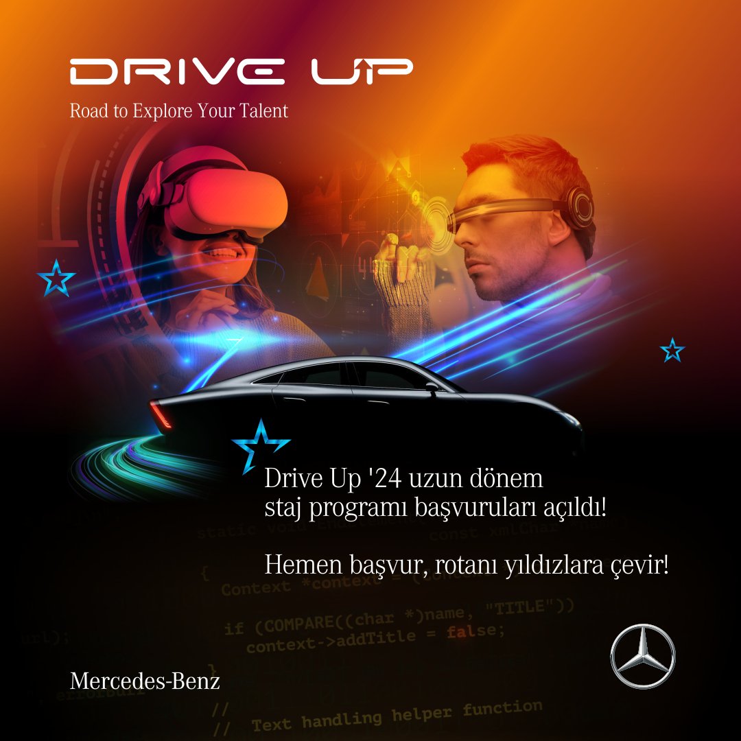 Heyecanla beklenen Mercedes-Benz Otomotiv Drive Up'24 uzun dönem staj programımızın başvuruları açıldı! ⭐ Profesyonel bir keşif yolculuğuna çıkmak için linke tıklayarak hemen başvurunu yap, rotanı yıldızlara çevir! 🚀 coderspace.io/etkinlikler/me… #DRIVEUP #MercedesBenz…