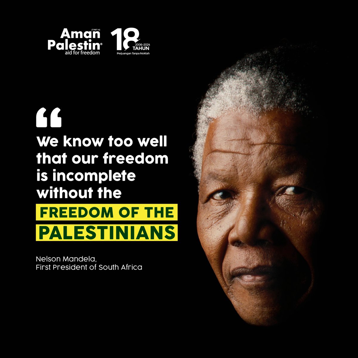 'Kita semua faham bahawa kemerdekaan kita tidak akan lengkap tanpa kemerdekaan rakyat Palestin' - Nelson Mandela, Presiden Pertama Afrika Selatan #AmanPalestin #TaufanAlAqsa #TaufanBangkitMenghancurkan