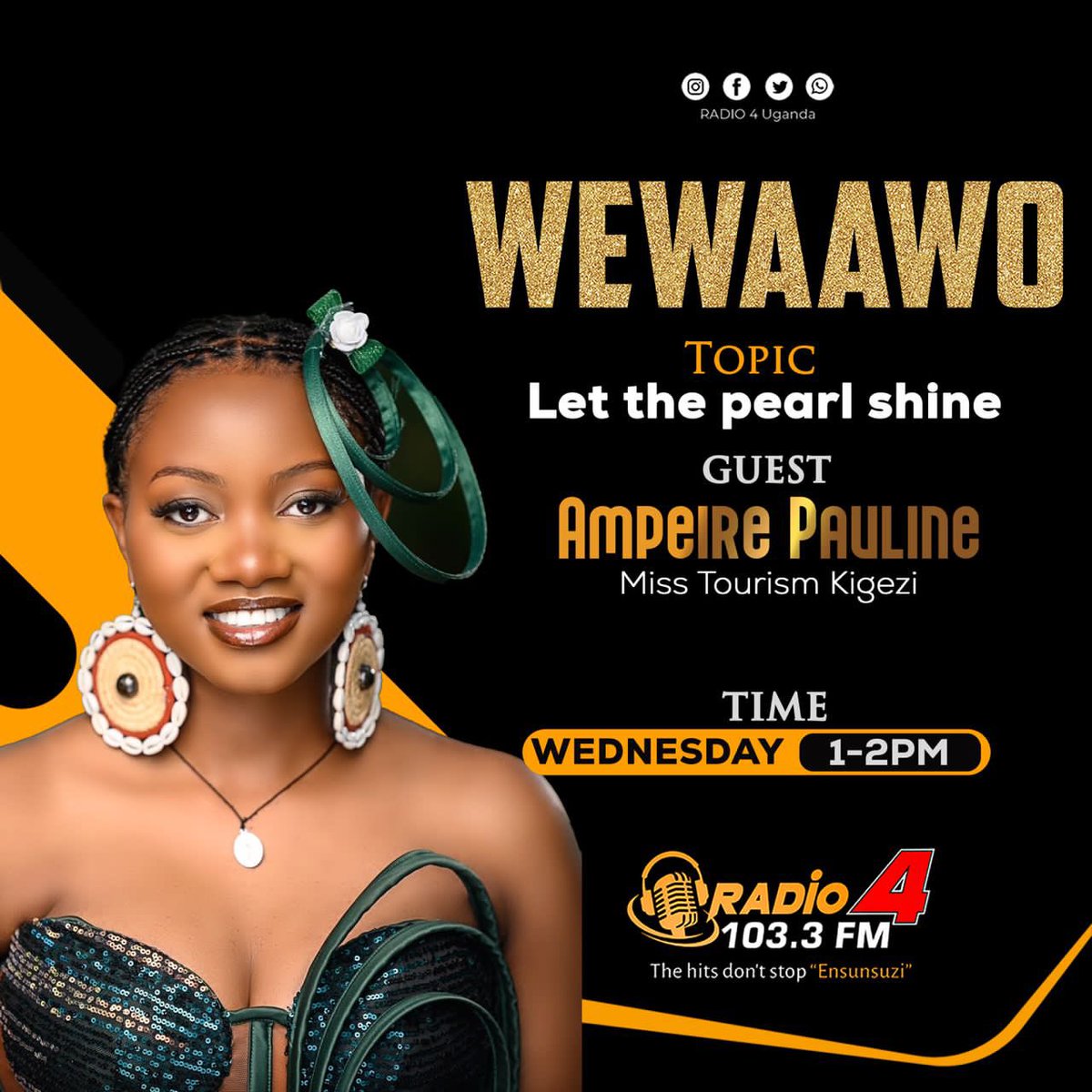 misstourismUga's tweet photo. Tune in tomorrow for #LetthePearlshine interview with @Radio4UG understand what #MissTourismUganda means in the campaign to keep Uganda clean and green! @mugarra @nemaug @ABarirega @min_waterUg @HonAniteEvelyn @BalaamAteenyiDr @GCICUganda @kigezisilverbac @KigeziMiss https://t.co/Jx7dR0FeK6