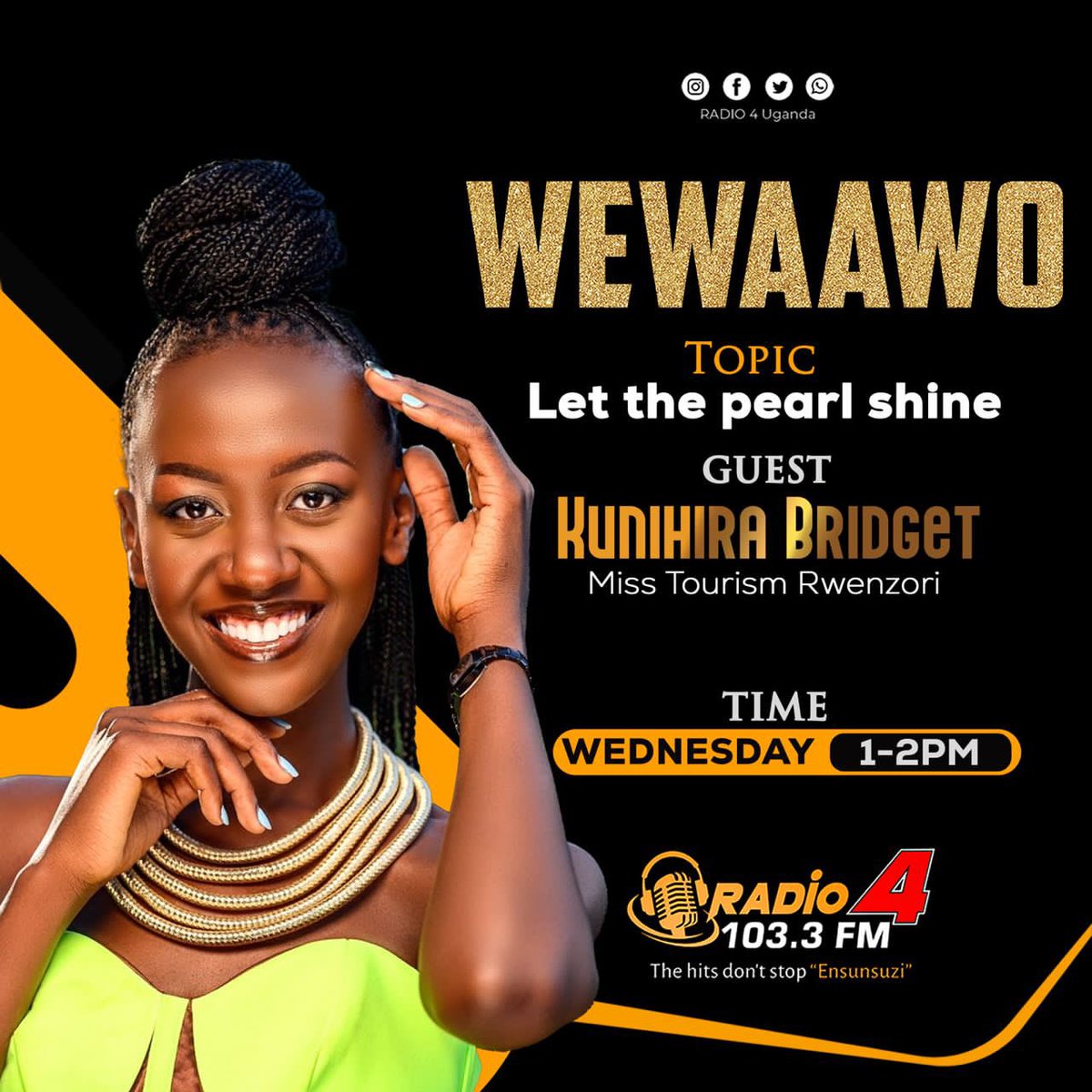 misstourismUga's tweet photo. Tune in tomorrow for #LetthePearlshine interview with @Radio4UG understand what #MissTourismUganda means in the campaign to keep Uganda clean and green! @mugarra @nemaug @ABarirega @min_waterUg @HonAniteEvelyn @BalaamAteenyiDr @GCICUganda @kigezisilverbac @KigeziMiss https://t.co/Jx7dR0FeK6