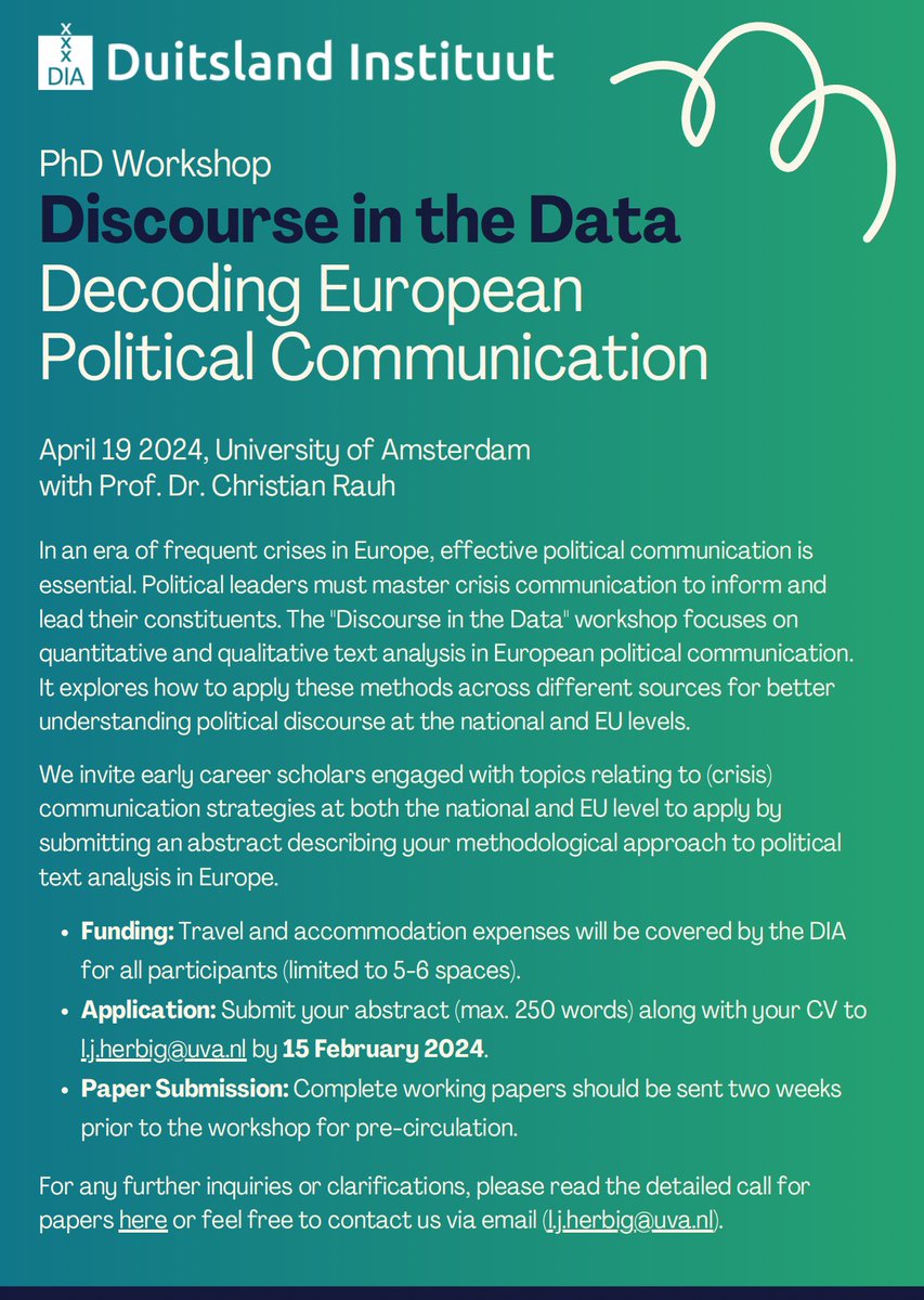 📢 Join the 'Discourse in the Data' PhD workshop on April 19, 2024, @UvA_Amsterdam and @DIAmsterdam. Dive into European political communication with @ChRauh and explore text analysis in EU politics. 📝 ✈️ Travel funding available. 🔗 Details in the attached flyer.