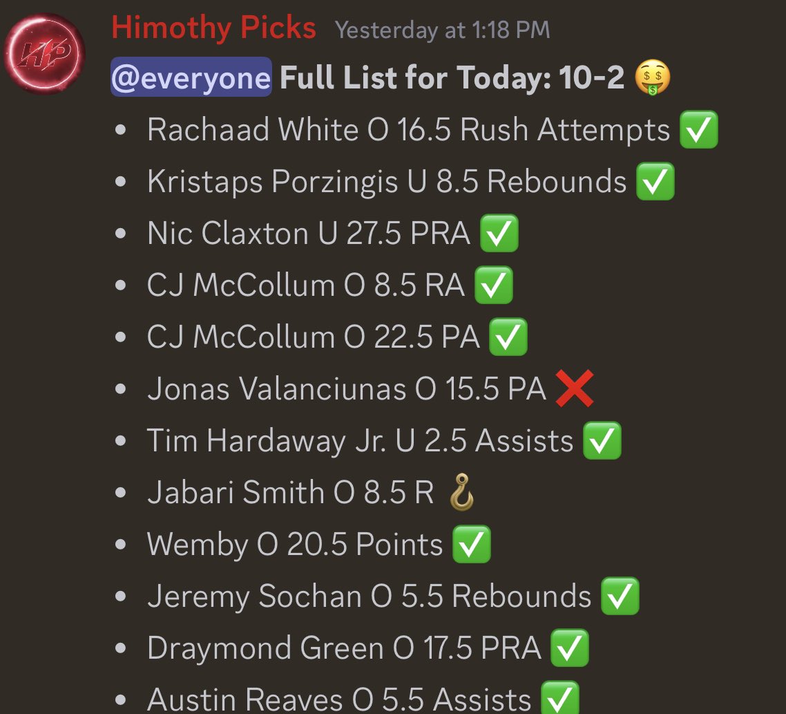 January 15 Recap 🏦

We are on fire these past couple of days and end the day 10-2 on props 💰

Why haven’t you clicked the link in my bio to join the discord? 

#PrizePicks | #PrizePicksNBA | #GamblingX | #NBA   | #PropBets | #NBAX   | #PlayerProps | #DFS | #DraftKings