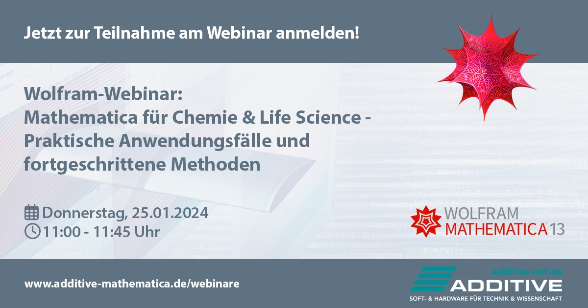 Mathematica verfügt auch über hochentwickelte Methoden für chemische und biomedizinische Aufgaben. Interessiert? Melde Sie sich noch heute zu unserem #Webinar „#Mathematica für Chemie &amp; Life Science“ am 25. Januar an.
additive-net.de/de/training/we…
