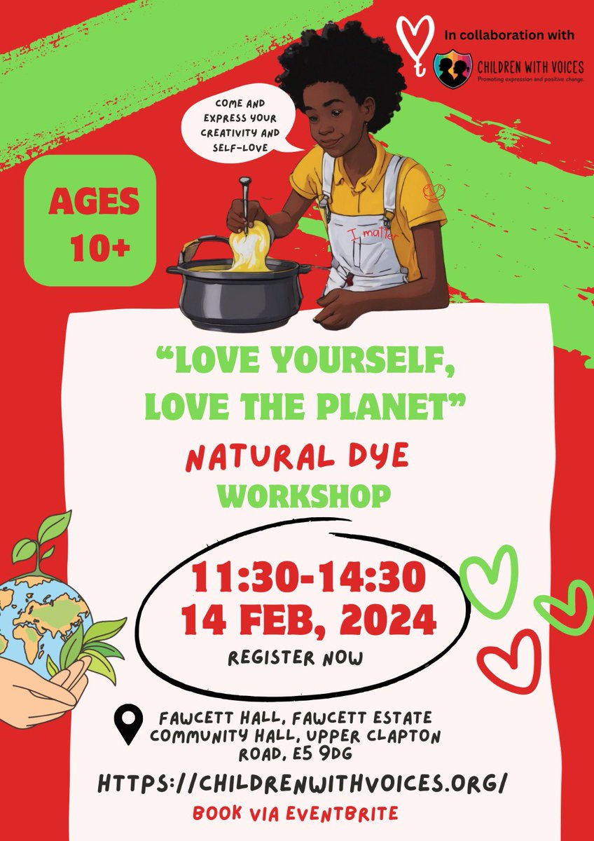 🌍Half-term Workshop Alert!
Join us for the "Love Yourself, Love the Planet" workshop on Valentine's Day
Dive into the connection between self-love and environmental consciousness with facilitator Natasha Mays
Try mood boards, natural dyeing, LOVE-themed hoodie!
🌟Book now for £2