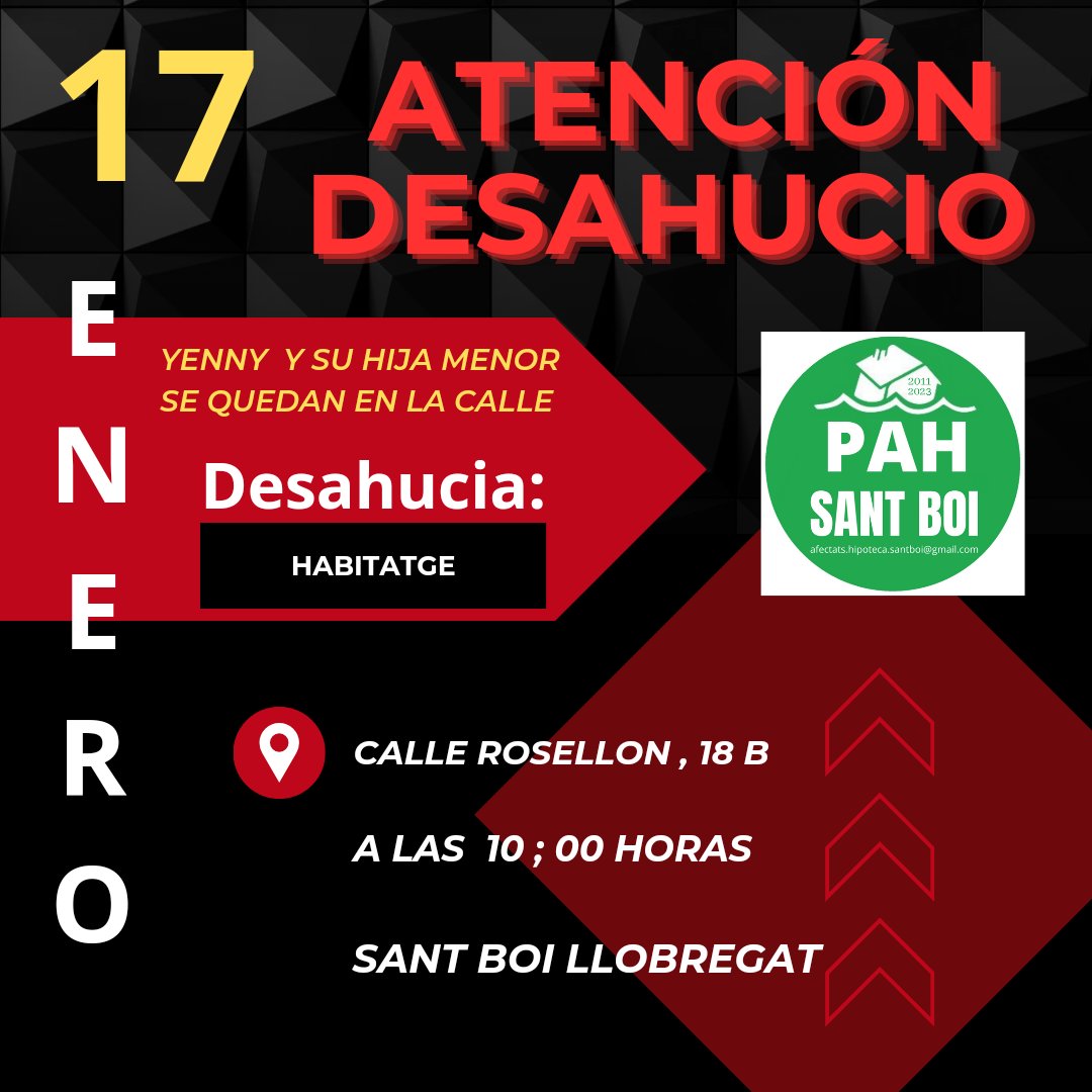 🔴ATENCION🔴 #Desahucio #SantBoi
Calle Rosellón 18 B
a las 10:00h.
La agencia de #Habitatge #Cataluña
Quiere #Desahuciar a Jenny con su hija menor.
‼️ NECESITAMOS MUCHOS APOYOS ‼️
#StopDesahucios
#ViviendaSocial 
#AlquilerSocial
para los más #Vulnerables