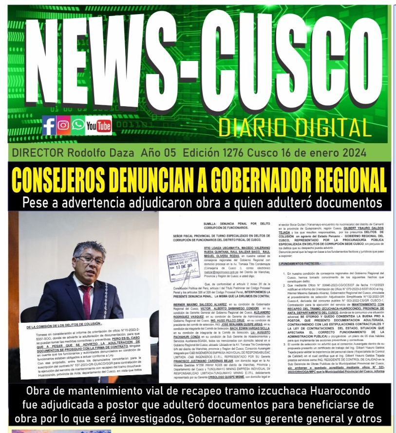 EdyCuellar's tweet photo. Escandalo! Consejeros denuncian penalmente a Gobernador Regional del #Cusco Werner Salcedo y funcionarios del @gorecuscope, por adjudicar obra de más de 6millones favoreciendo a empresa que falsifico documentos. Pese a advertencia de la @ContraloriaPeru 

#ConMiPlataNO AFPs https://t.co/9jBgCLUBN6