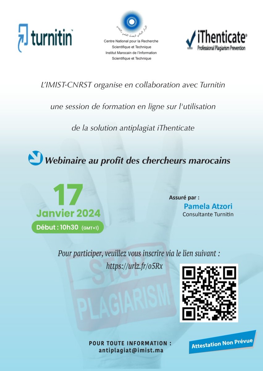 Les chercheurs désireux de participer à cette session de formation qui sera animée par Madame Pamela Atzori, Consultante chez Turnitin, sont priés de s’inscrire via le lien suivant : urlz.fr/o5Rx