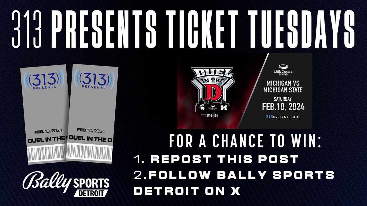 FanDuelSN_DET's tweet photo. 🎟️ 313 PRESENTS TICKET TUESDAYS 🎟️

Your chance to win tickets to an upcoming @313Presents event/concert!

How to enter:
➖ Repost this post
➖ Follow @BallySportsDET

No purchase necessary. MI and OH residents only. 18+. See full rules at https://t.co/TGz5pWUsjy. https://t.co/c6m1y9Uw2H