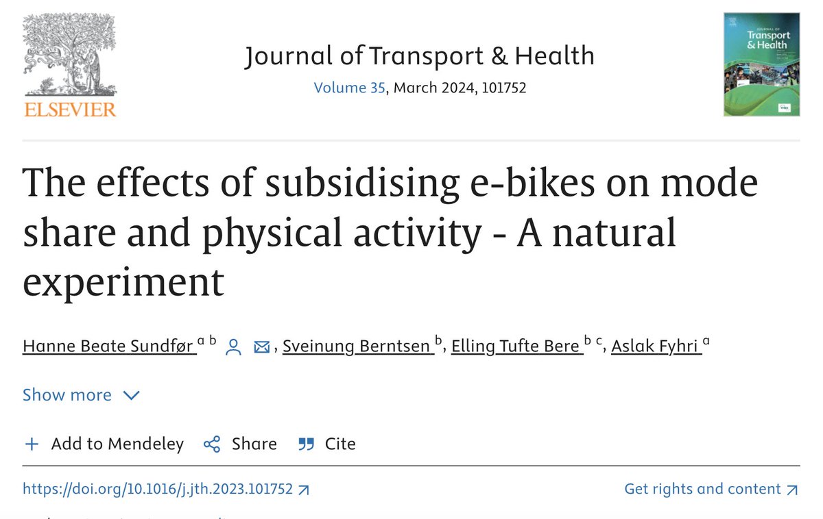 From Oslo, new evidence that e-bike subsidies change travel decisions: Among e-bike rebate recipients, biking mode share rose 12.6%. That's a huge increase! doi.org/10.1016/j.jth.…