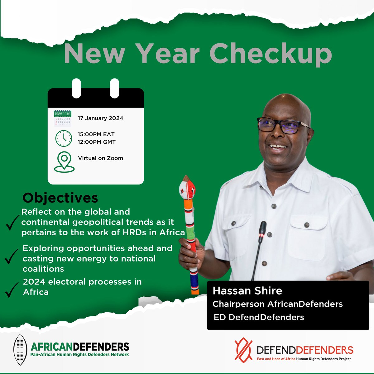 Happy New Year! We have some Exciting News! Our Chairperson, @Hassan_Shire, & ED of @DefendDefenders, is hosting the inaugural New Year Checkup with human rights defenders across #Africa. Join us for insightful discussions on global trends, opportunities, and 2024 electoral