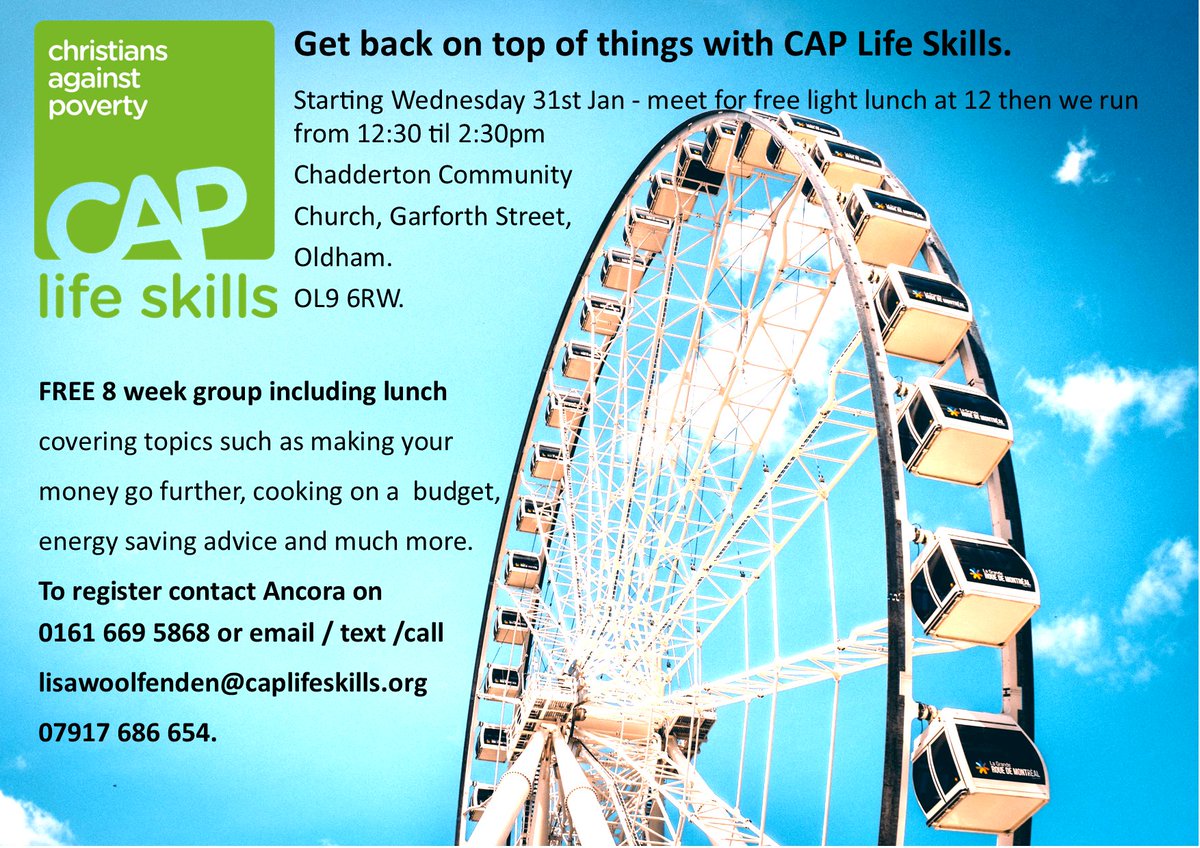 AncoraOldham's tweet photo. Our next Life Skills course starts on Wednesday 31st Jan.

The course is free and will cover things like making your money go further, cooking on a budget and energy saving advice.

Find out more here: https://t.co/a7D83GiW8C https://t.co/W7g4Z8wY7x