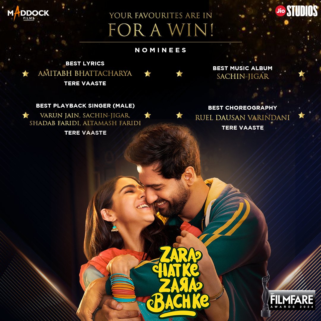 Aapka pyaar hai toh humein phir aur kya chahiye! We're grateful for all the love and thrilled to share that #ZaraHatkeZaraBachke has been nominated in various categories at the Filmfare Awards 2024. ❤ @vickykaushal09 @SaraAliKhan @Laxman10072 #DineshVijan #JyotiDeshpande…