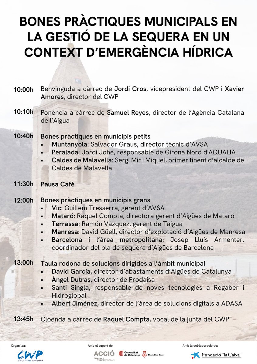 💧Bones pràctiques municipals en la gestió de sequera💧

🗓️ 31 de gener, CaixaForum Macaya 

➡️ Ponència de @SamReyesCAT director de l'<a href="/aigua_cat/">ACA</a>, bones pràctiques municipals en petits i grans municipis i solucions dirigides a l'àmbit municipal.

🔗bit.ly/3HiA9P5