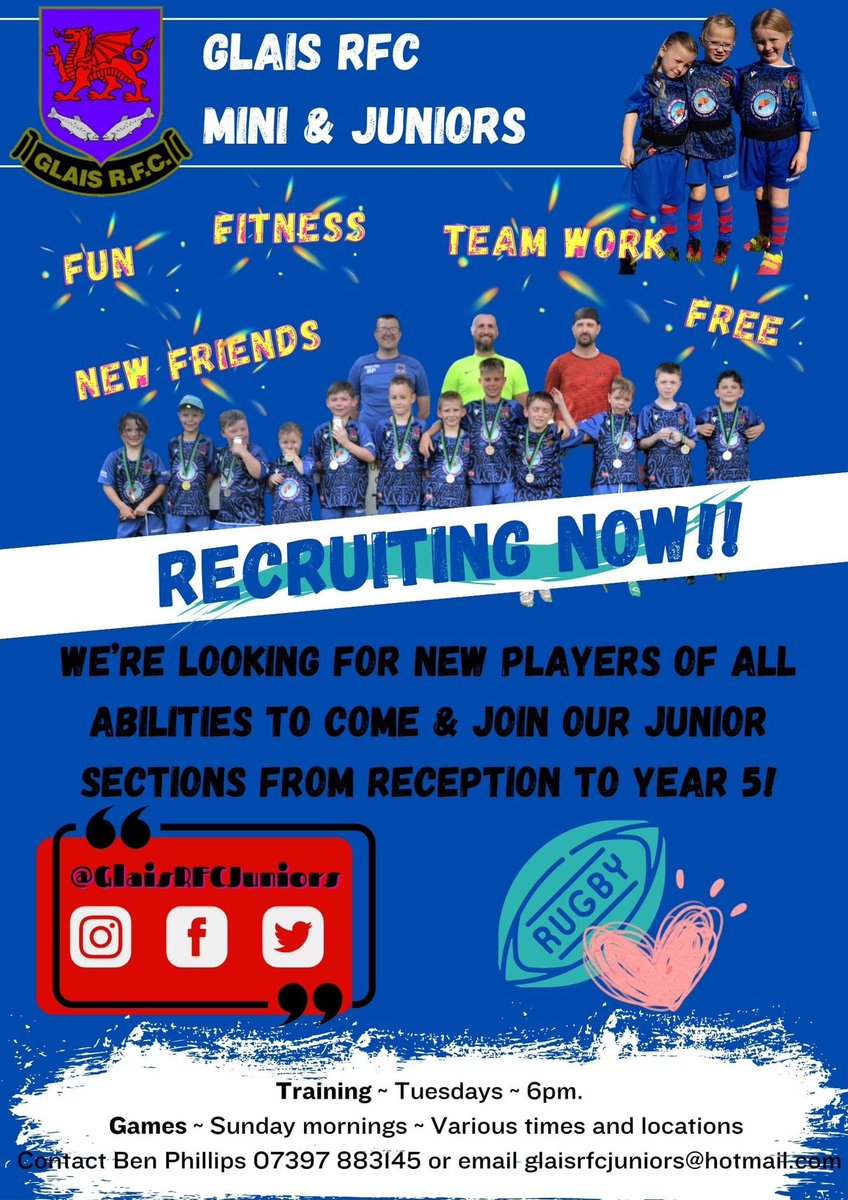 Your Son or Daughter looking to try a new sport this year? why not try rugby with Glais?

Why not bring them over to training with us tonight at 6pm on Glais RFC pitch under flood light