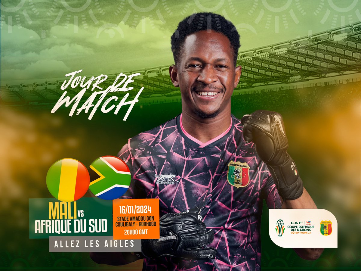 🚨| JOUR DE MATCH ! ✅

🏆| AFCON 2023 🌍
🆚 Afrique du Sud 🇲🇱🇿🇦
🗓️| Mardi 16 Janvier 2023 
⏲️| 20H 00 GMT
🏟️| Stade Amadou Gon Coulibaly

Allez les Aigles 🦅❤️
 #maliba  #allezlesaigles🇲🇱🦅❤️ #can2023🇨🇮🏆⚽️