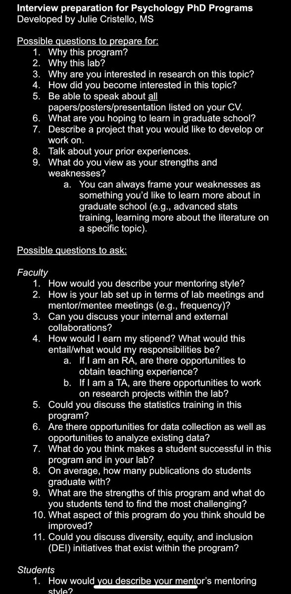 julie_cristello's tweet image. ‼️Interviewing at a graduate program in psychology? Here are questions to prepare for and to ask both faculty and students! This resource includes questions that I have seen on Twitter as well! @AcademicChatter @SCPdiv12 @equity_scholars @BlackinPsych @DisabledInPsych