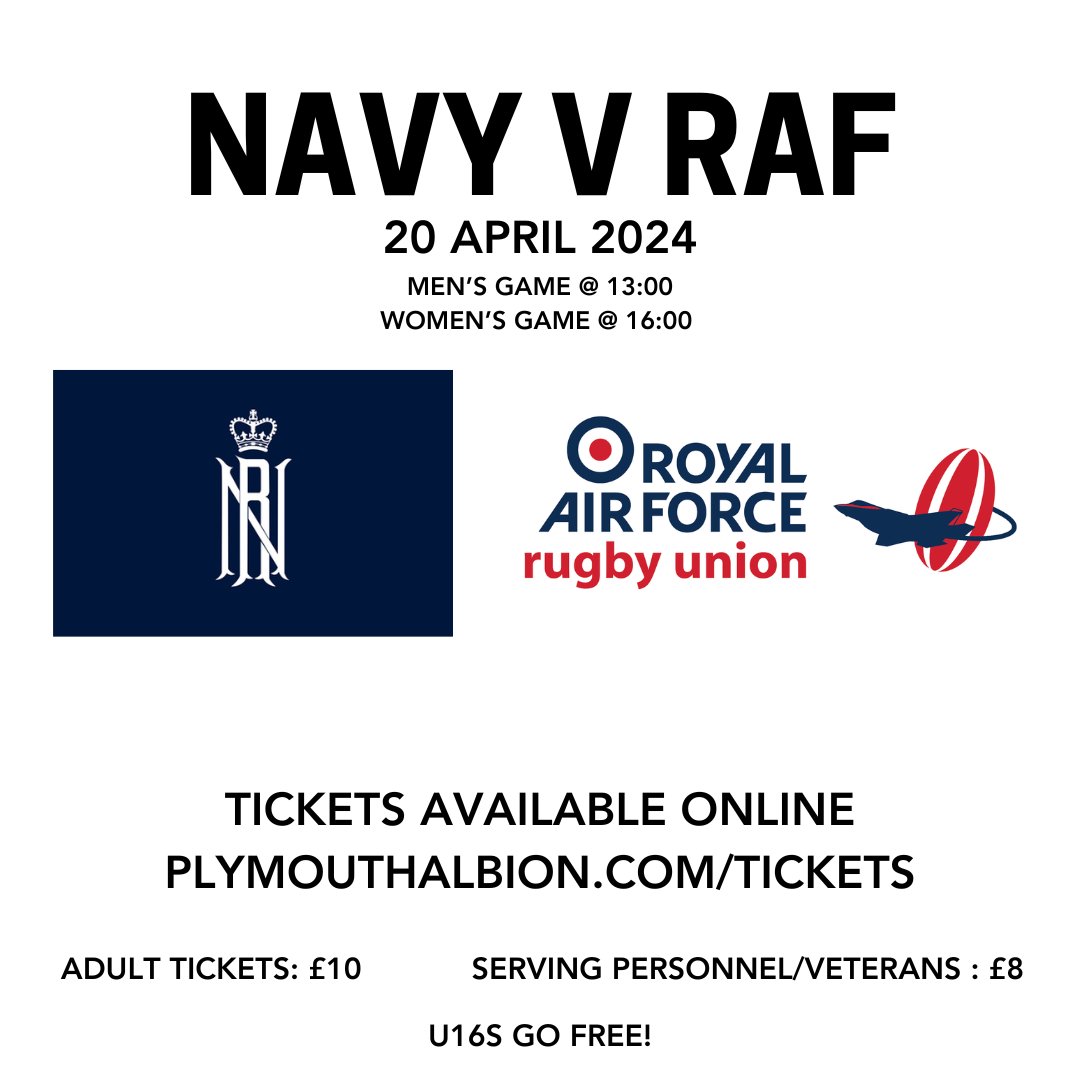 The RAF and the Navy are going head to head in April at the Brickfields, and you can grab tickets online now! 👉 plymouthalbion.com/tc-events/navy… #AlbionAsOne