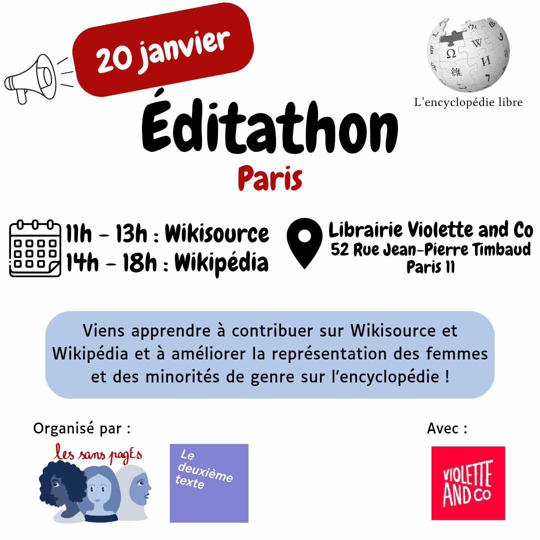 Vous êtes à #Paris ce week-end ? Et vous avez un peu de temps ? Que diriez-vous d'un DOUBLE atelier <a href="/wikisource_fr/">Wikisource</a> et <a href="/Wikipedia_fr/">Wikipédia en français</a>, pour améliorer la représentation des femmes et des minorités de genre sur l'encyclopédie ?

Avec <a href="/Georgele2etexte/">Le deuxième texte</a> et chez Violette and Co !
