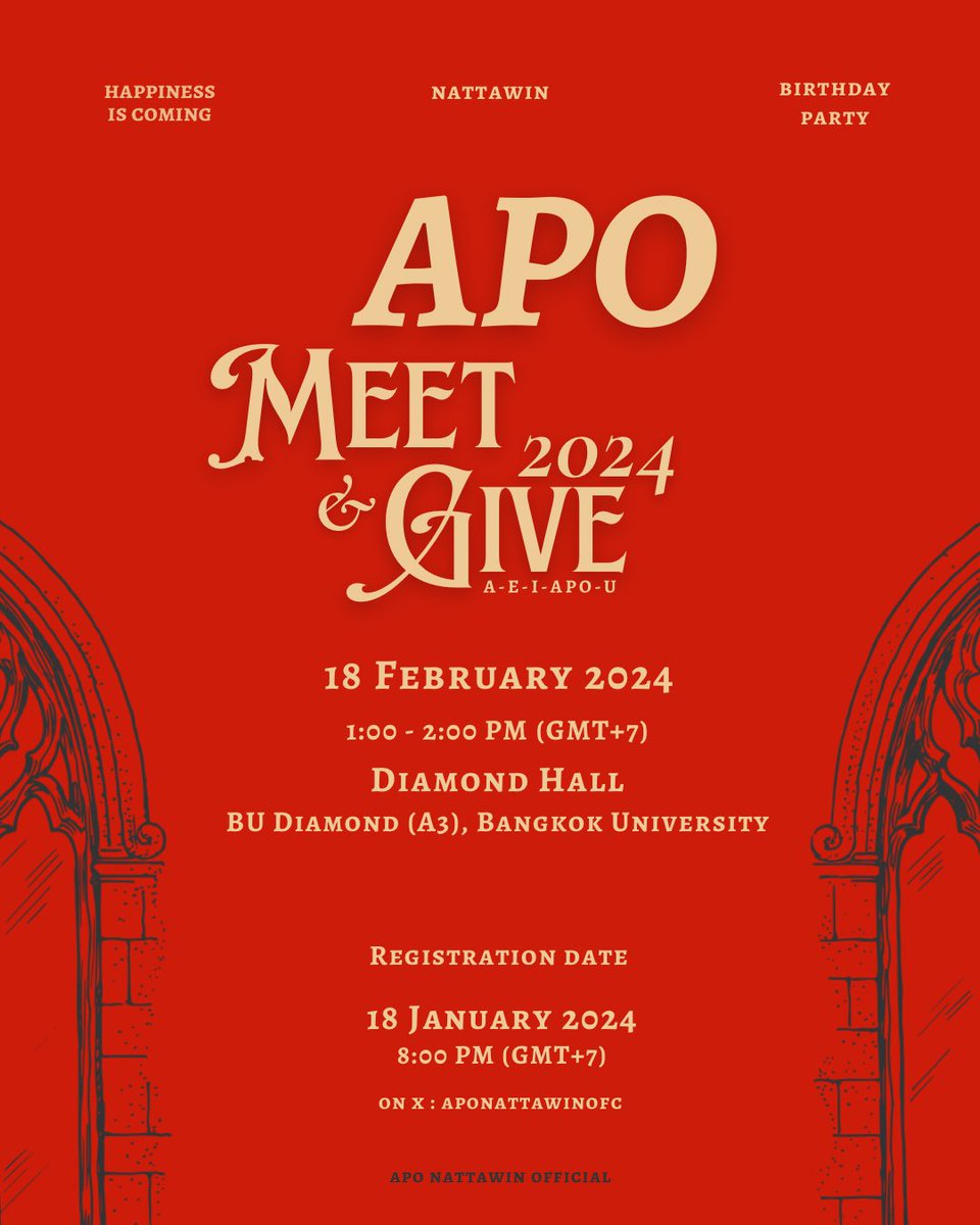 ApoNattawinofc's tweet image. ✨ APO Meet and Give 2024 ✨ 

18 กุมภาพันธ์ 2567 | 18 February 2024 
Diamond Hall, BANGKOK University 

ลงทะเบียนเข้าร่วมกิจกรรม
18 มกราคม 2567 | 18 January 2024
20.00 น. | 8:00 PM (GMT+7) 

@Nnattawin1 
#Nnattawin #apocolleagues 
#NattawinBDproject24