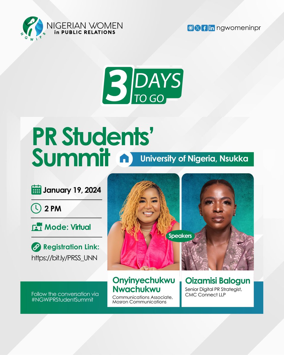 NGWomeninPR's tweet photo. The PR Students Summit is just 3 days away! Please note that the event time has been changed to 2pm. Join us for an exclusive look into the world of Public Relations. Discover pr career potentials and network with industry leaders. Don't miss out! #PRStudentsSummit #NGWiPR https://t.co/vSVBy4nstJ