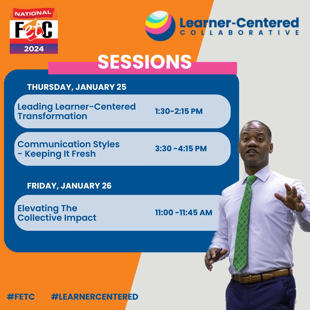 Here We Gooooooooo!!!! 
The countdown to #FETC is on. 

Join me for 3 sessions that Center Learners by Design. Looking forward to connections and a ton of fun with everyone. The District Administrator track is stacked with great sessions. 

Safe travels. #LearnerCentered