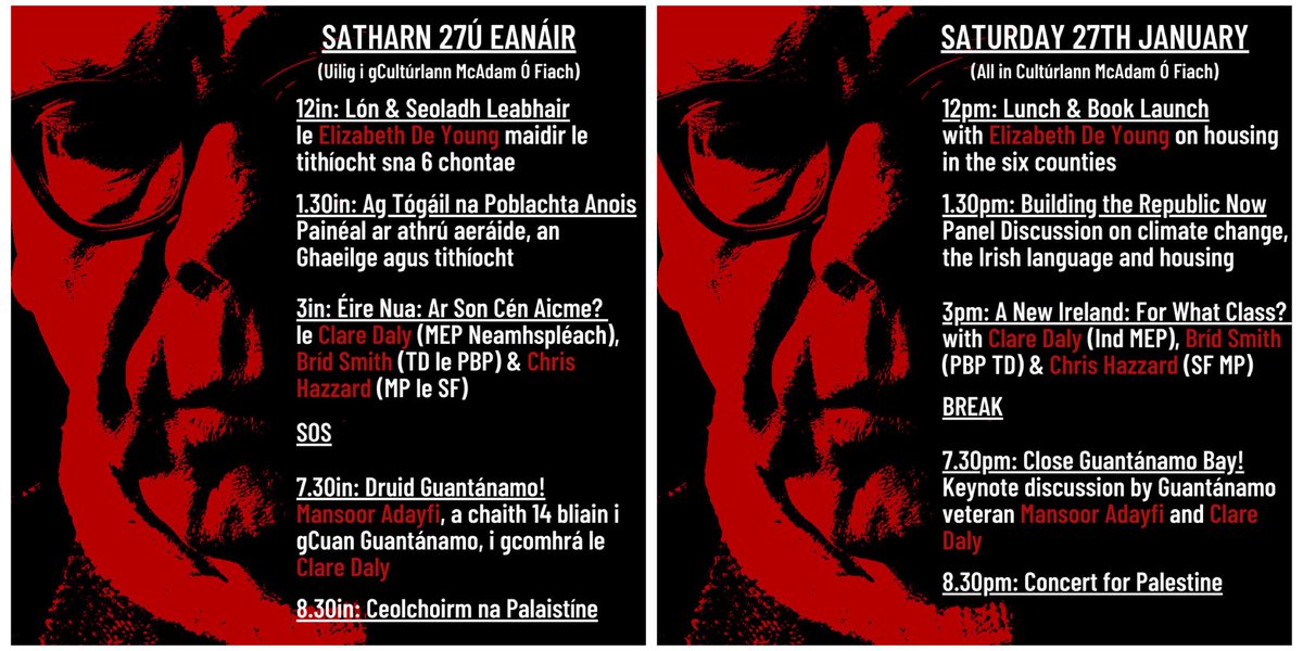 Glór na Móna (@glornamona) on Twitter photo Bígí linn d’Aoichainteoir na Scoile!
Join us for Scoil Gheimhridh Uí Chadhain Guest Speaker before the concert!
Guantánamo Bay veteran Mansoor Adayfi, in conversation with Clare Daly✊🏽
🗓️7.30pm, 27 Eanáir | January
📍<a href="/Culturlann/">An Chultúrlann</a>
📧Cláraigh | Register: eoghan@glornamona.com Bígí linn d’Aoichainteoir na Scoile!
Join us for Scoil Gheimhridh Uí Chadhain Guest Speaker before the concert!
Guantánamo Bay veteran Mansoor Adayfi, in conversation with Clare Daly✊🏽
🗓️7.30pm, 27 Eanáir | January
📍<a href="/Culturlann/">An Chultúrlann</a>
📧Cláraigh | Register: eoghan@glornamona.com