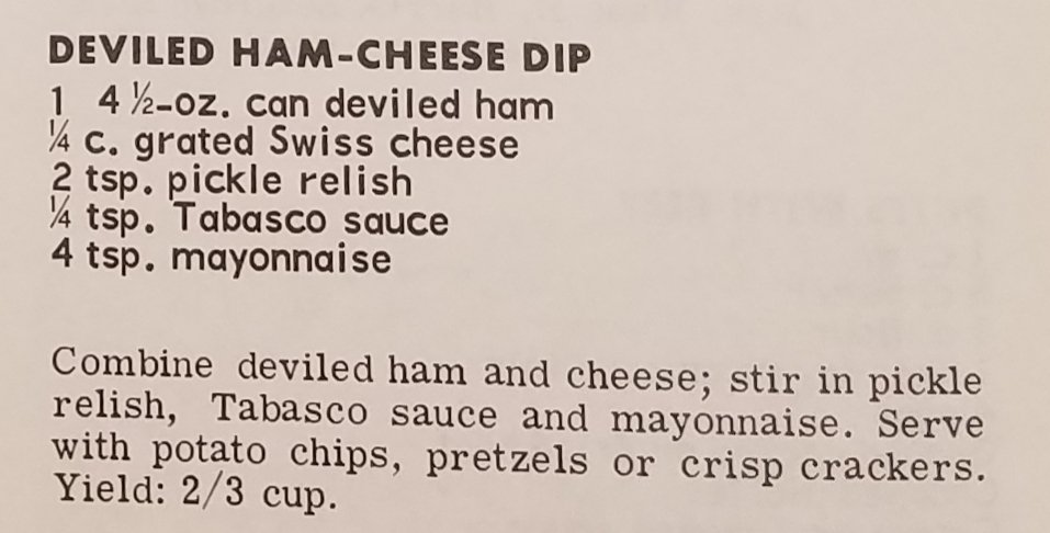 Re2OldFOOD's tweet photo. Deviled Ham-Cheese Dip -- 1960s

#appetizer #partyfood #1960s 
#DeviledHamCheeseDip 
#1960srecipe #1960sfood 
#deviledham #swisscheese
#picklerelish #mayonnaise 
#Tabasco #chipdip https://t.co/PnozvHYPoW