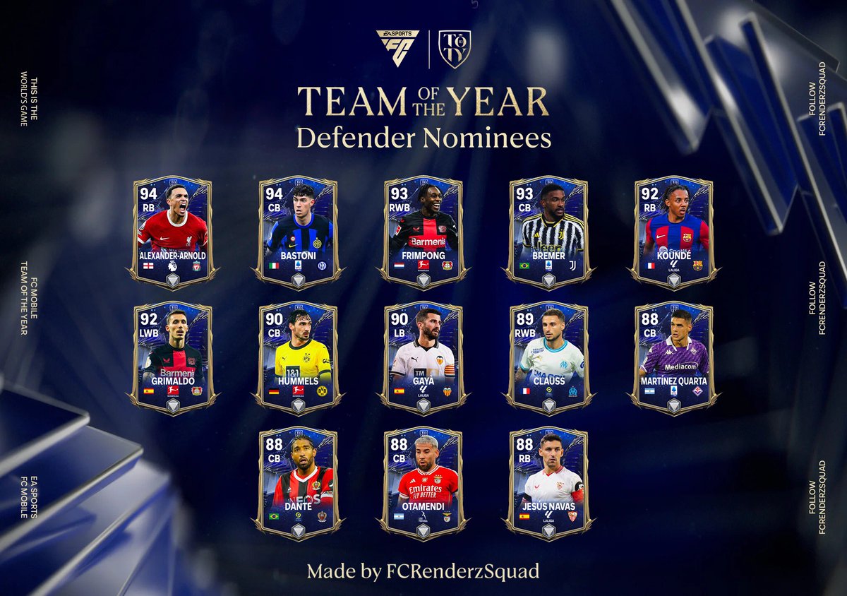 FCRenderzSquad's tweet photo. You can find many talented, experienced or rising footballers across all leagues…

But in a calendar year, there must be some that stood out from ithers… those will form one thing, Team of The Year.

Introducing TOTY Nominees, now on FCRenderzSquad 🔥 

Enjoy! 🙌 

#FCMobile https://t.co/jR0O3A69Bz