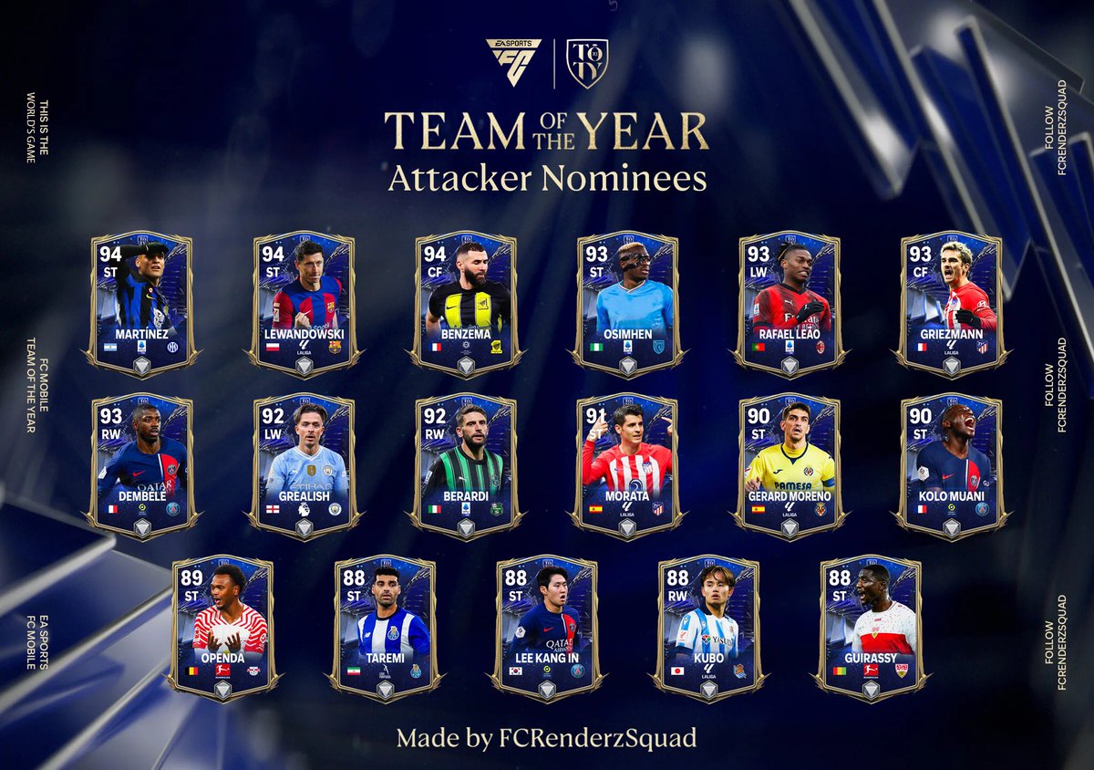FCRenderzSquad's tweet photo. You can find many talented, experienced or rising footballers across all leagues…

But in a calendar year, there must be some that stood out from ithers… those will form one thing, Team of The Year.

Introducing TOTY Nominees, now on FCRenderzSquad 🔥 

Enjoy! 🙌 

#FCMobile https://t.co/jR0O3A69Bz