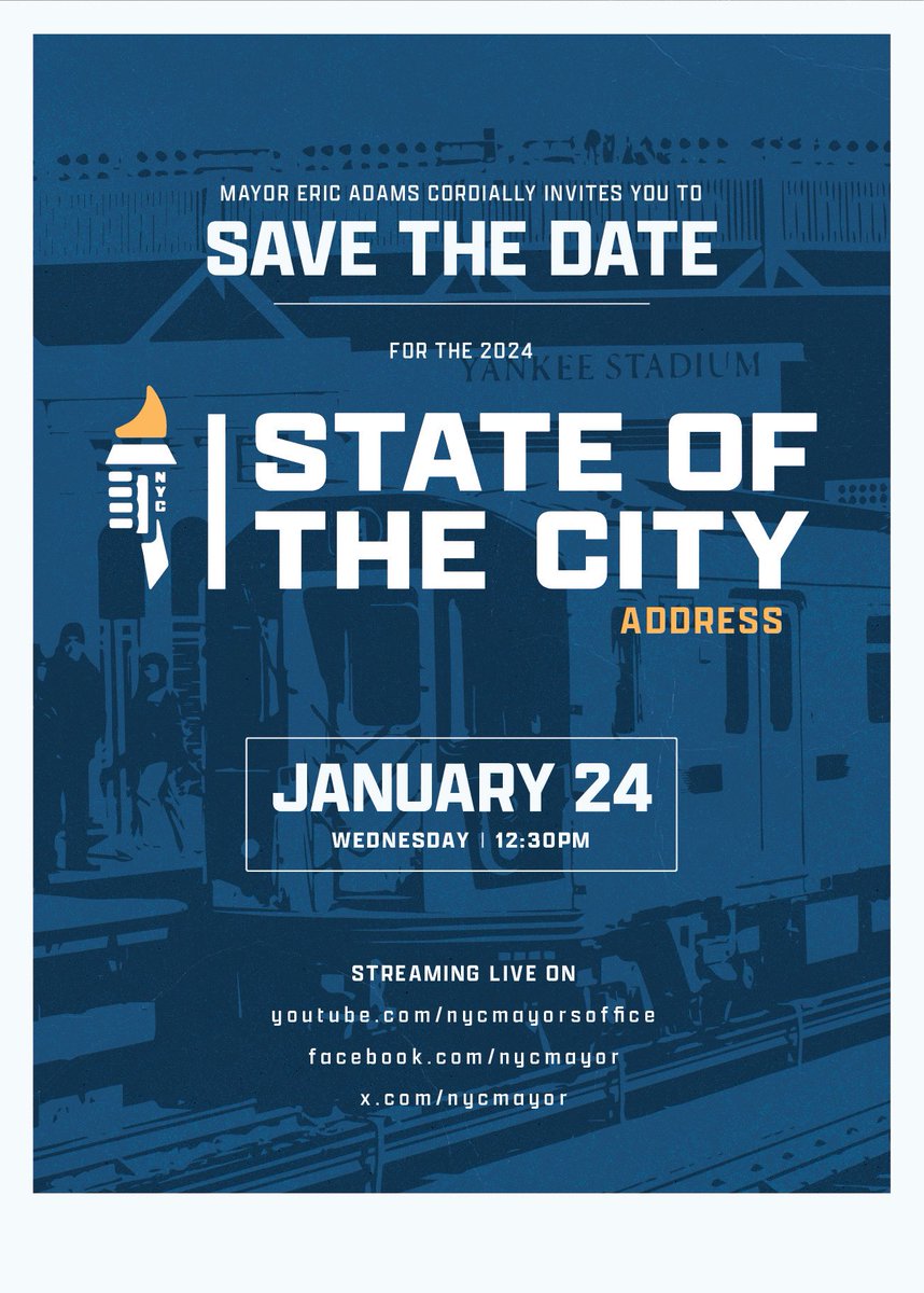 NYCMayor's tweet photo. On January 24, I will lay out our vision for keeping New Yorkers safe, delivering good-paying jobs, building more affordable housing, and putting money back into the pockets of working people in 2024.
Save the date for the 2024 State of the City Address: https://t.co/SwBRKxbsUU
