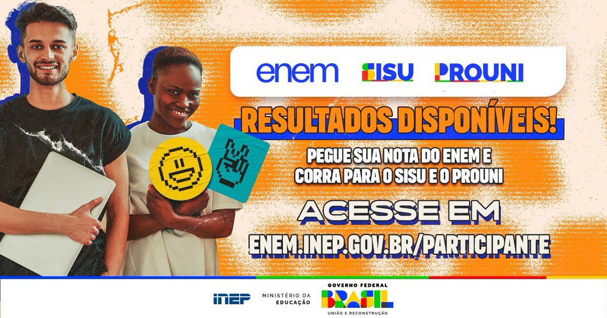 ✅ NOTAS DIVULGADAS! 

Inscritos no Enem 2023 já podem conferir seu desempenho nas provas. Os resultados estão disponíveis na Página do Participante. Confira: enem.inep.gov.br/participante
