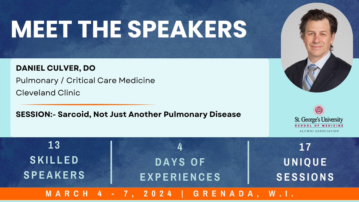 Meet the speakers of #theartofmedicine 2024!

Dr. Daniel Culver will be presenting a session titled Sarcoid, Not Just Another Pulmonary Disease.

👉 Register &amp; Learn more: bit.ly/theartofmedici…

#sgusomaa #puregrenada #Conference2024 #CME