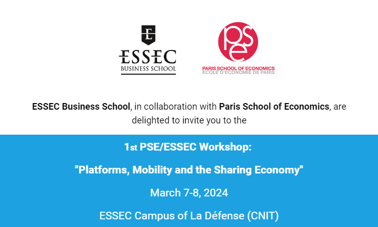 SAVE THE DATE:
1st PSE/ESSEC Workshop: "Platforms, Mobility and the Sharing Economy" on March 7-8, 2024 at ESSEC Campus of la Défense.
Free Registration: eventbrite.fr/e/1st-pseessec…
More information: sites.google.com/essec.edu/pse-…