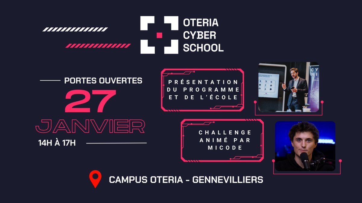 Micode's tweet photo. psst, j'ai une petite news pour tous les terminales, bac+2 ou bac+3 fans de cybersécurité !
fin Janvier je serai à la journée portes ouvertes d'@OteriaCS pour animer un challenge de hacking #cybersecurityschool #publicité👇 https://t.co/PoU6HYwulI