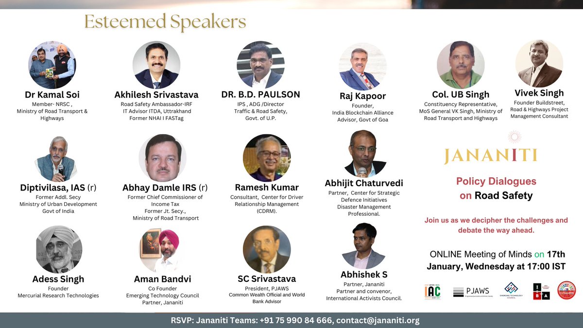 jananiti_'s tweet photo. An eclectic group of thought leaders shall delve into the concern of #RoadSafety @amanbandvi @diptivilasa @rajkapoor1964 @drkamalsoi @AdessSingh @EmergingTechHQ @IndBlockchain @abhijit_c @mbi_a https://t.co/u0nGZ3bkYw