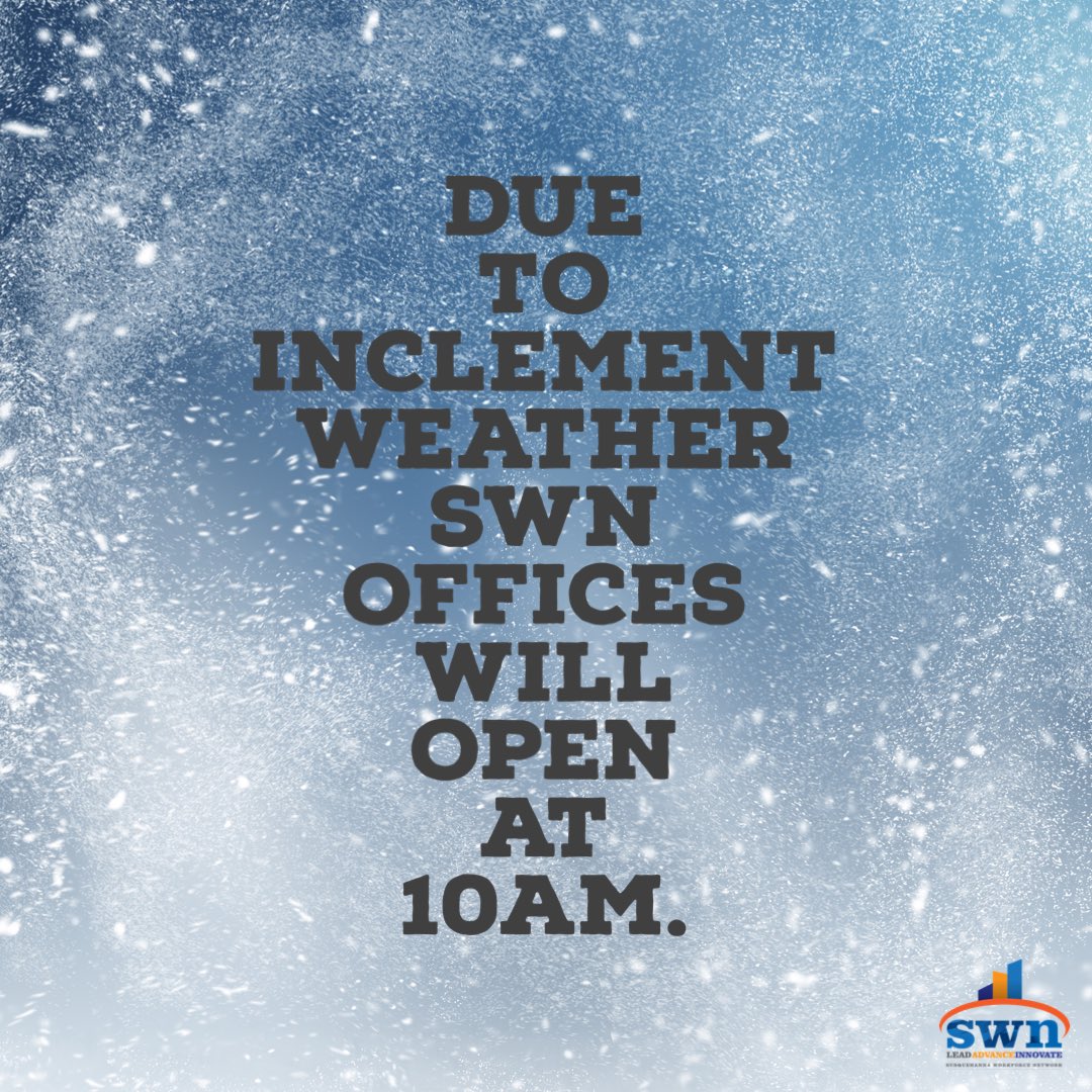 SWNJobs's tweet image. Due to the inclement weather, SWN offices will have a two hour delay this morning and will open at 10am.