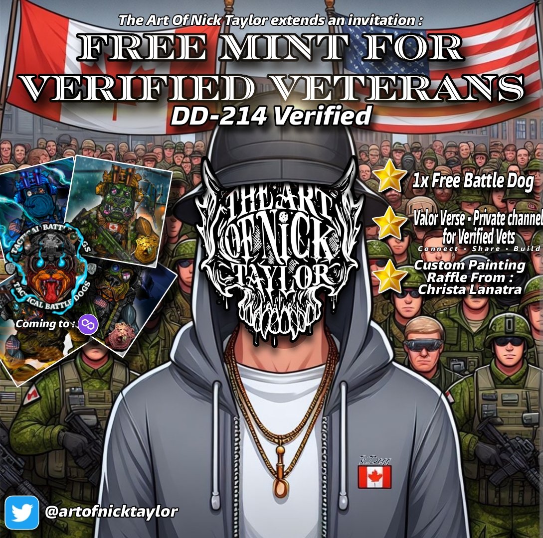 Verified Veterans ( ID ) = Free Mint 
For <a href="/Tac_BattleCats/">Tactical Battle Cats - 🐾 DOGS coming soon</a> phase 2 #BattleDogs 🍻 

Verified DD-214 = Free Mint + more Raffles and benefits such as a custom 1:1 Painting Raffle from <a href="/ChristaTBB/">Christa Lanatra</a> from The <a href="/battlebunniesTM/">The Battle Bunnies</a> 💜🙏

Join &amp; claim #DiscordServer : 
discord.com/invite/zbYRJRU…