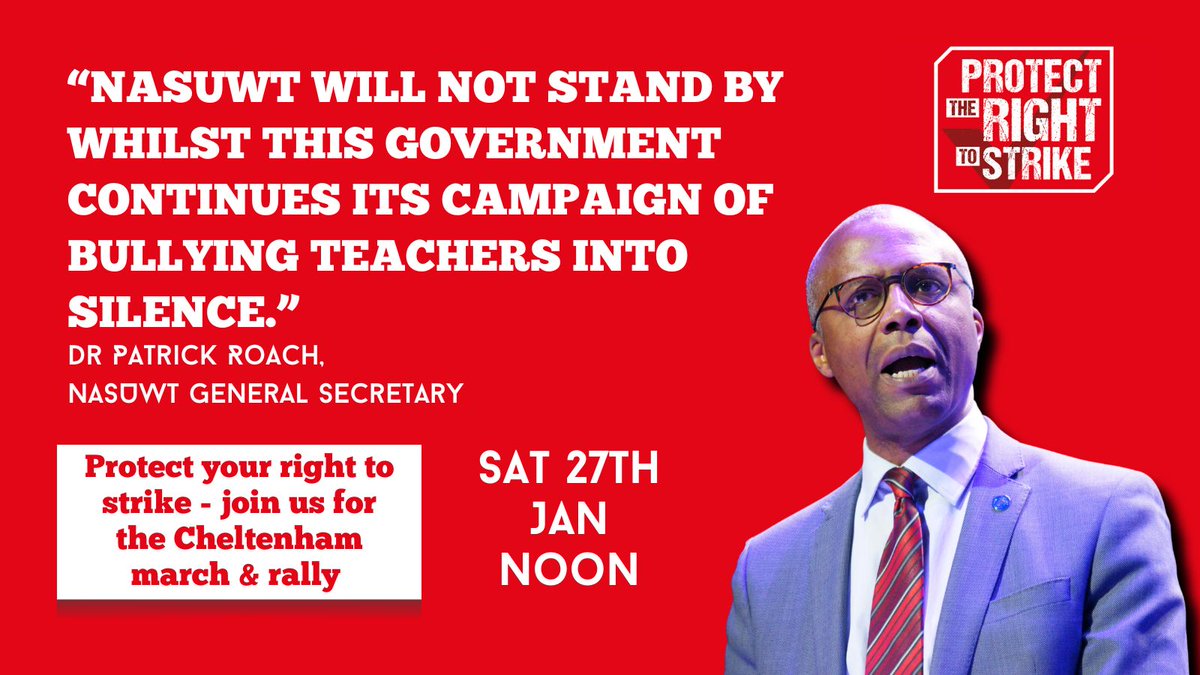 NASUWT's tweet photo. The Government is attacking teachers' right to take strike action. It wants to stop you fighting for fair and decent pay and working conditions.

Join us in Cheltenham on Sat 27th Jan to oppose these threats to your fundamental rights.

More info: https://t.co/LwjyRjQH3T https://t.co/mdjDk4reuI