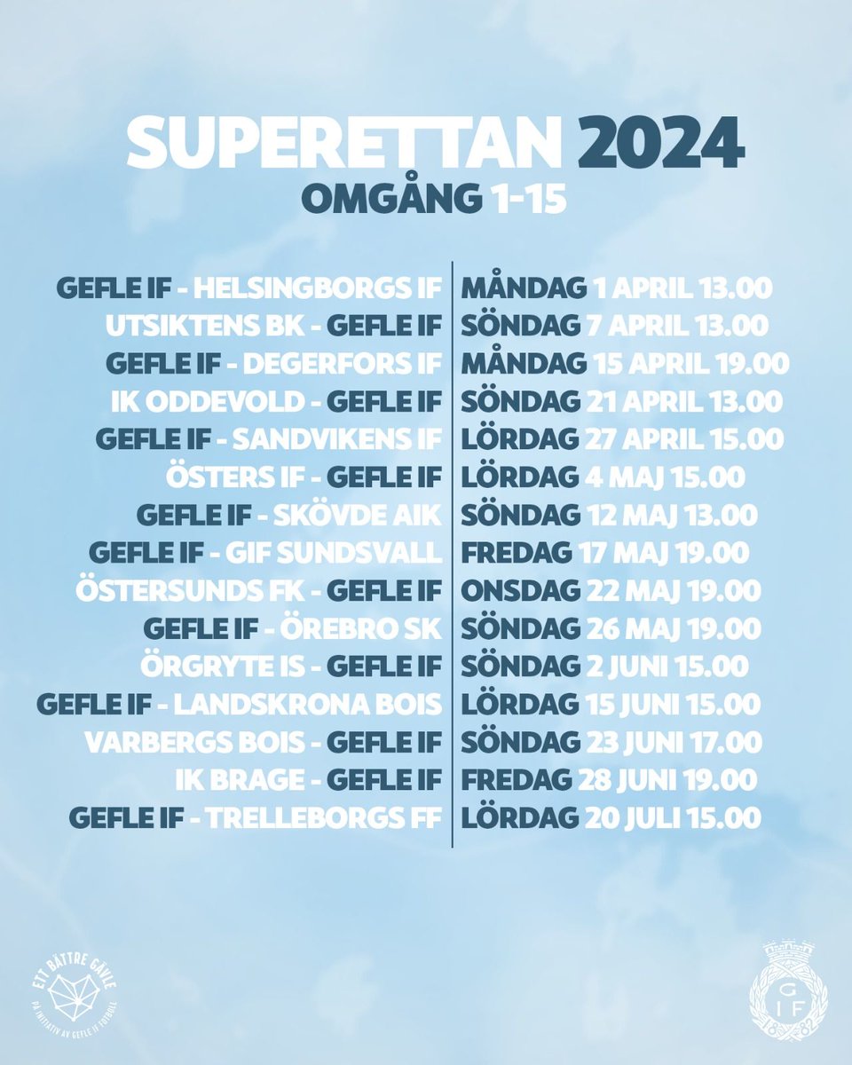 Spelschemat för Superettan omgång 1–15 är fastställt och ser ut så här! Det är bara att pricka in i kalendern redan idag.