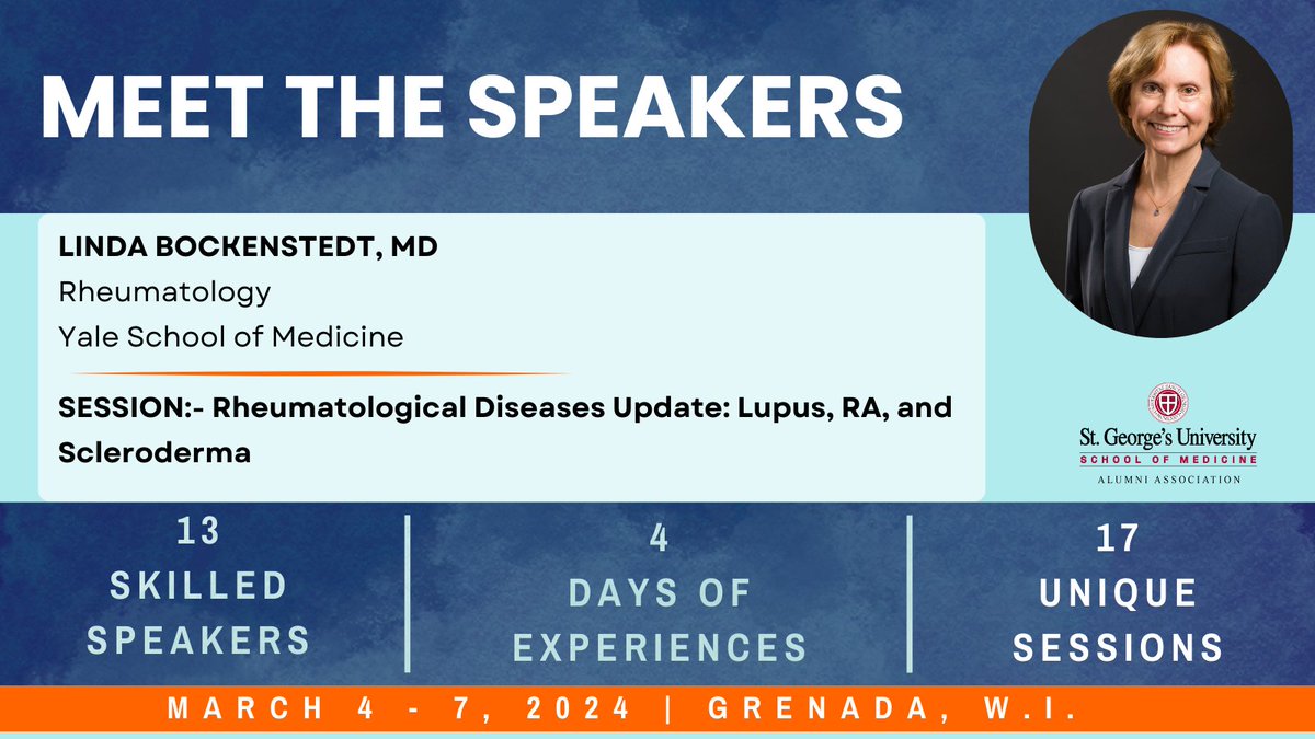Meet the speakers of #theartofmedicine 2024! 

Dr. Linda Bockenstedt will be presenting a session titled Rheumatological Diseases Update: Lupus, RA, and Scleroderma

👉 Register &amp; Learn more: bit.ly/theartofmedici…

#sgusomaa #puregrenada #Conference2024 #CME