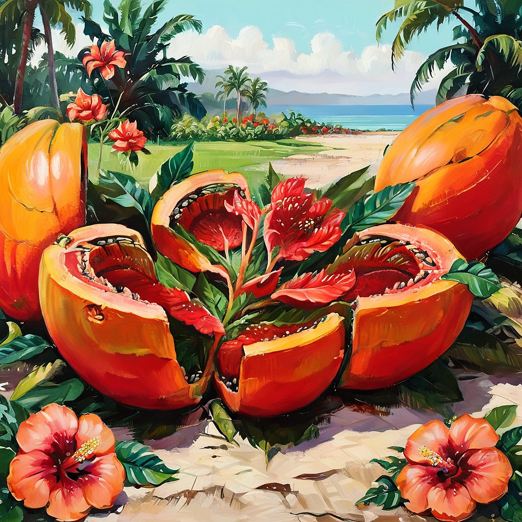 Day 16 of #100DaysofAI🧪

Having so much fun with @distillerydev server! I've been craving papaya, so that's my theme of the day. 

How it started... how it evolved... how it's going 🤤 (I would totally hang the last one at my place!)

Thanks for showing us around <a href="/zeng_wt/">𝐙𝐞𝐧𝐠 💜</a>
