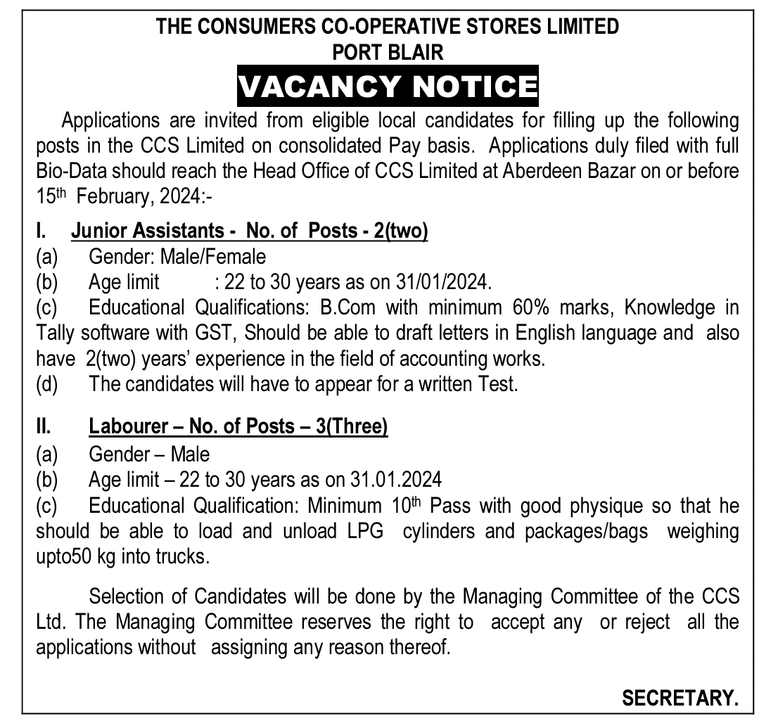 TheCCSLtd's tweet photo. VACANCY NOTICE
Applications are invited from eligible candidates for filling up the following posts in @TheCCSLtd on consolidated pay basis. Applications duly filled with full Bio-Data should reach the H O of CCS before 15 Feb 2024.
@ABDULSI78642611 
@RegistrarCoope1 
@airnews_pb https://t.co/M0UofAJ27W