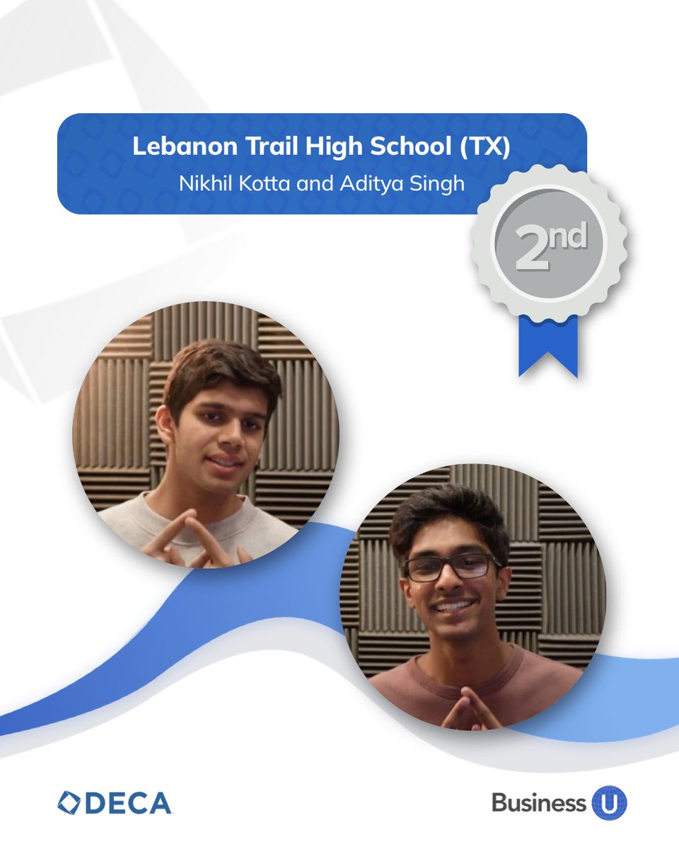 StukentCTE's tweet photo. Congratulations to the top 3 teams for the DECA at the Bell Challenge!

1. Lynbrook High School (CA) | Aaditya Jain and Nina Pan; 2. Lebanon Trail High School (TX) | Nikhil Kotta and Aditya Singh; 3. Ames High School (IA) | Sophia Timmermans and Fatimah Naraghi. @DECAInc https://t.co/GjxEe20vlN