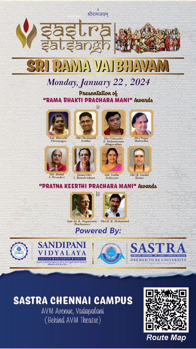 SVaidhyasubrama's tweet photo. Honble PM @narendramodi ji Thanjavur based @SastraUniv is proud of your pre-PranPrathishta Darshan at the Divya Desa Kshetra of Srirangam. Privileged to share about the Sri Rama Vaibhavam event from Jan 20 to Feb 4 with the highlight event on Jan 22. Jai Shri Ram 🙏 @PMOIndia https://t.co/iRhnBlFSqI