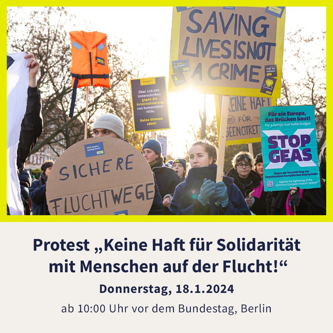 Sei dabei, wenn wir diesen Donnerstag, den 18. Januar, ab 10:00 Uhr vor dem #Bundestag gegen das umstrittene „Rückführungsverbesserungsgesetz“ protestieren. Wir sagen NEIN zu § 96 und zur Kriminalisierung von Flucht und humanitärer Hilfe! #DefendSolidarity 1/2